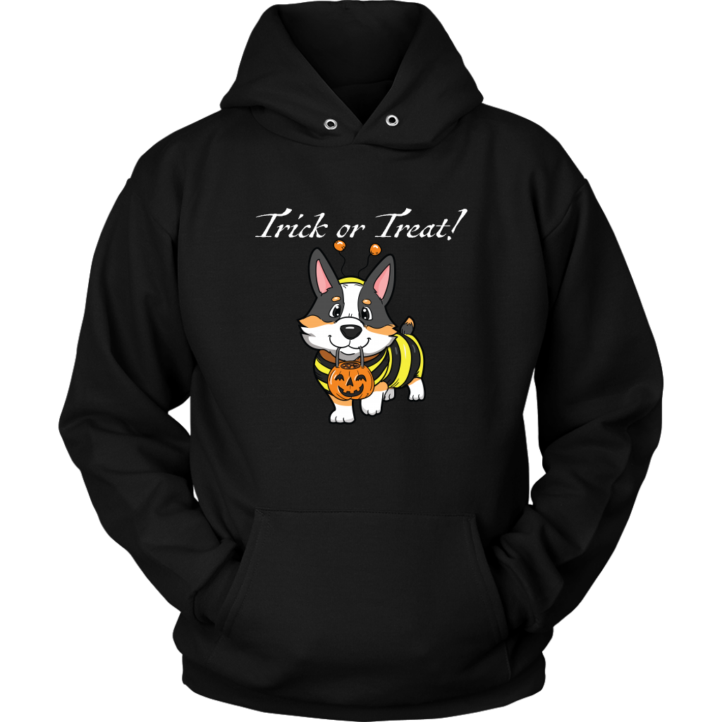 The design is a tricolor corgi wearing a bumblebee costume with the text "Trick or Treat". The hoodie is black.