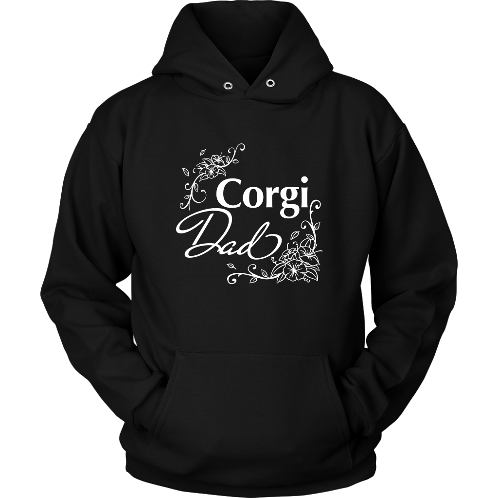 A hoodie with the text "Corgi Dad" and flower line designs. The hoodie is black.