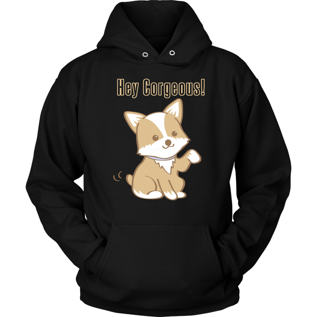 A hoodie with the text "Hey Corgeous!" and a waiving corgi. The hoodie is black. 