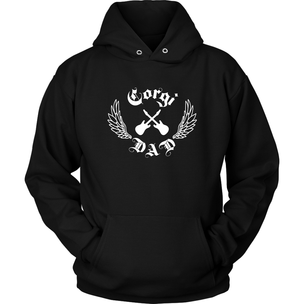 A flat lay of a black hooded sweatshirt. The design on the hoodie is crossed electric guitars, lined wings, and "Corgi Dad" in old english font. 