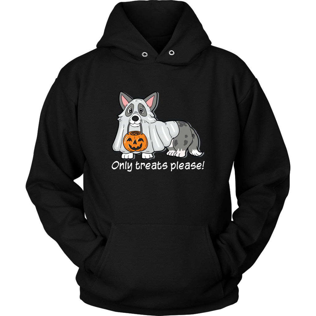 A black hoodie with a cardigan corgi in a ghost costume, with the text "Only tricks please!" 