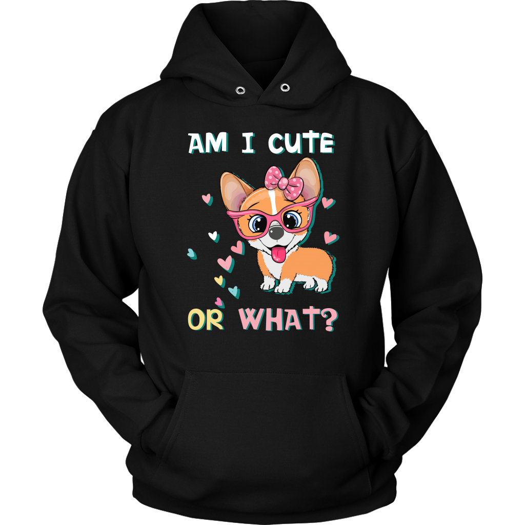 A hoodie with the text "Am I cute or What?" with a picture of an adorable, smiling corgi. The hoodie is black. 