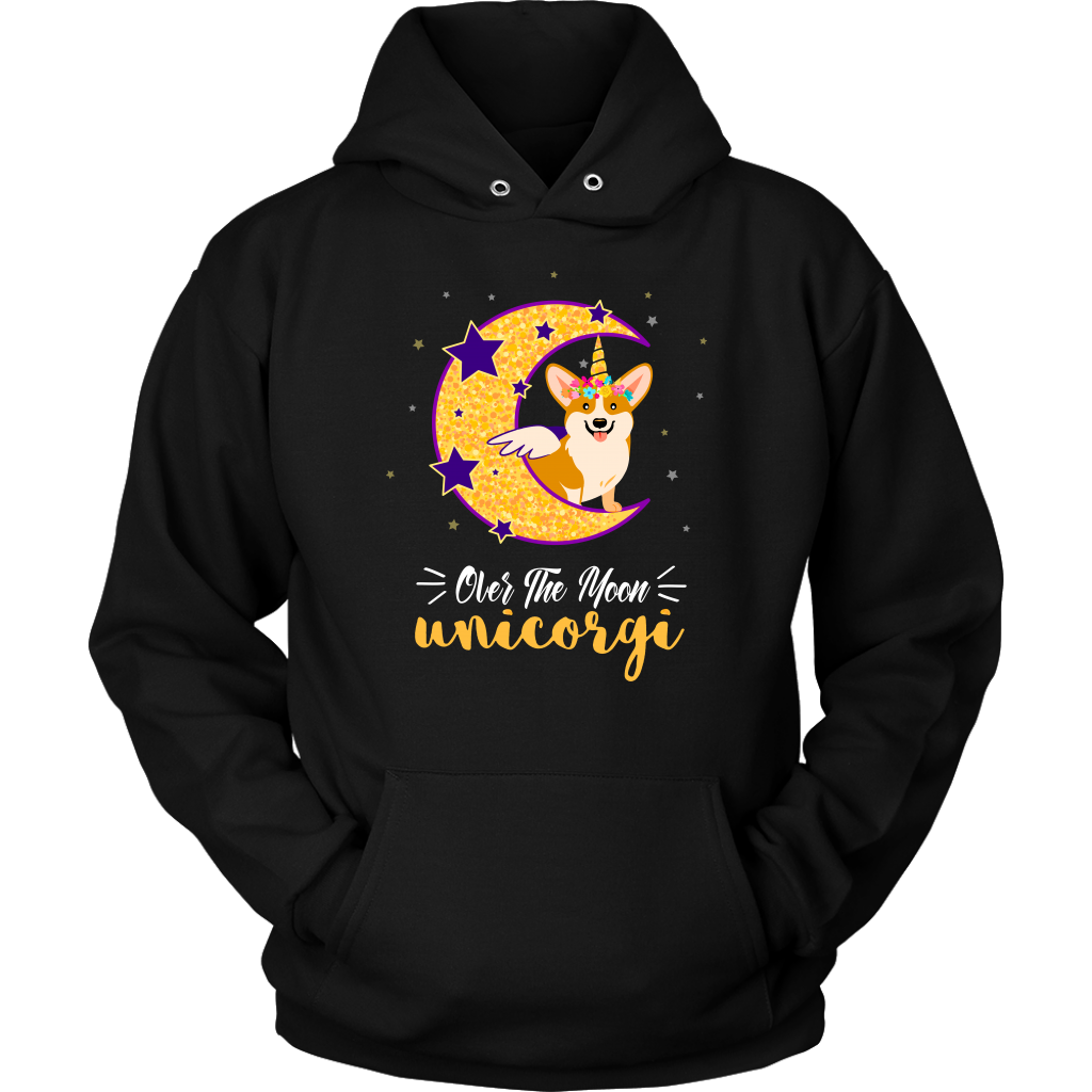 A hooded sweatshirt that is black that has a corgi that has a unicorn and wings while sitting on a crescent moon. The text says "Over the moon Unicorgi".