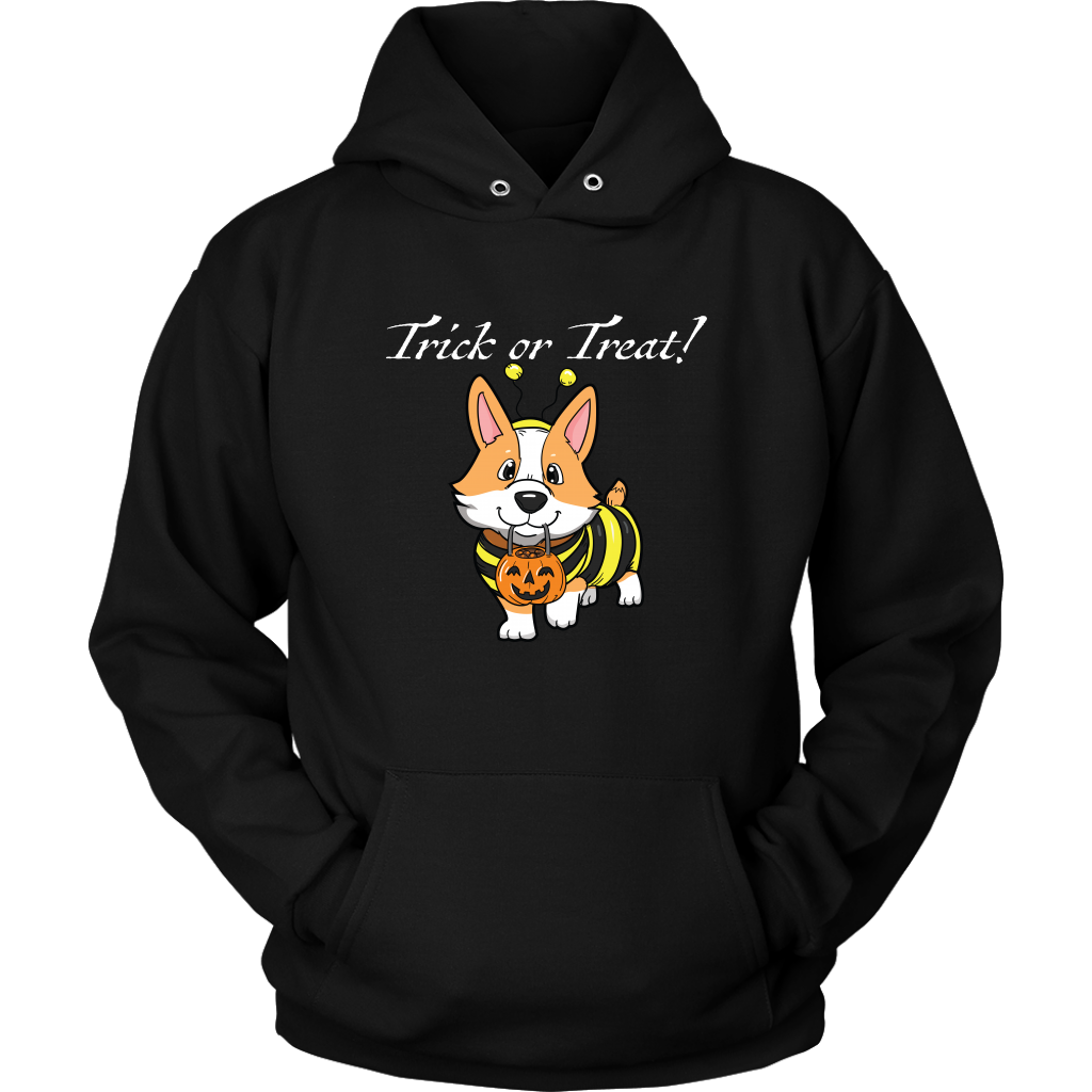 A hoodie with a fawn corgi wearing a bumblebee costume with the text "Trick or Treat!". Hoodie is black. 