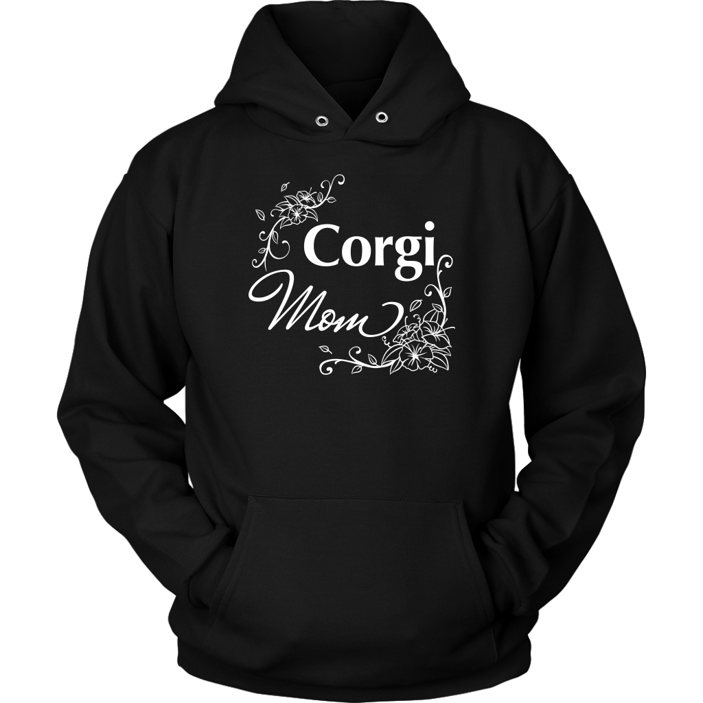 A hoodie with the text "Corgi Mom" and flower line designs. The hoodie is black. 