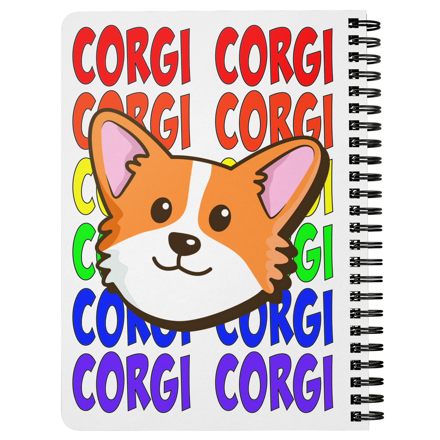 Journal with a corgi's face and the text "corgi" in rainbow colors, showing the back.