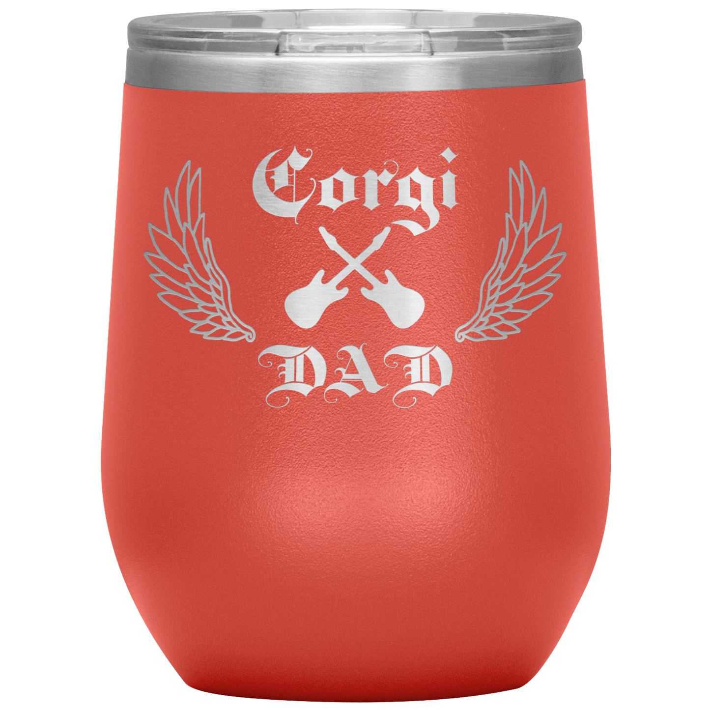 An insulated tumbler with the text "Corgi Dad" in a gothic style font with guitars and wings. The tumbler is coral.