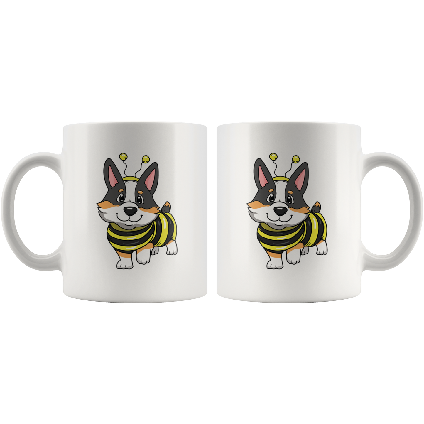 The front and back of the bumblebee mug, showing the print on both sides.