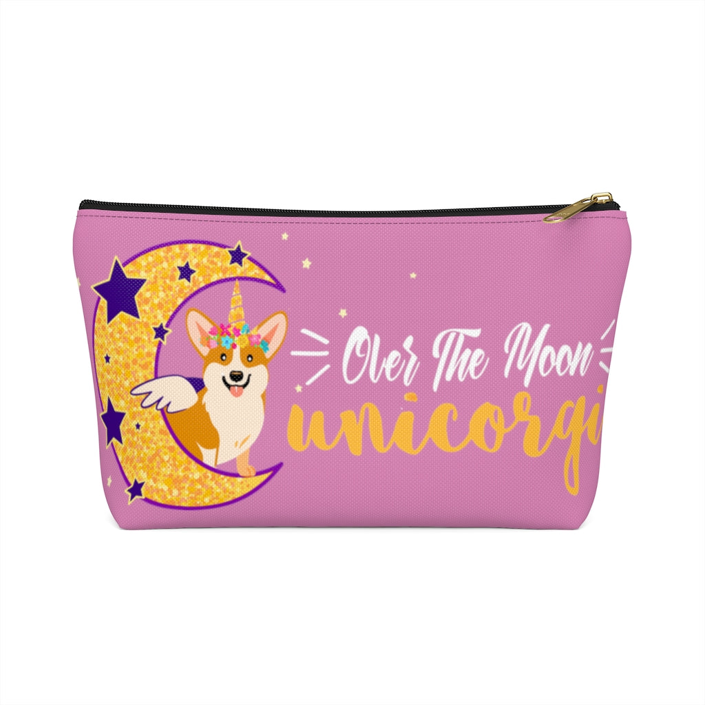 The Over the Moon Unicorgi make up bag with a black zipper.