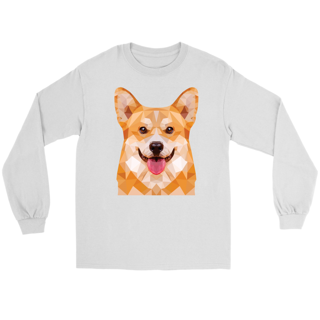 A flat lay of a long sleeved white t shirt. The design of the shirt is polygonal pembroke corgi.