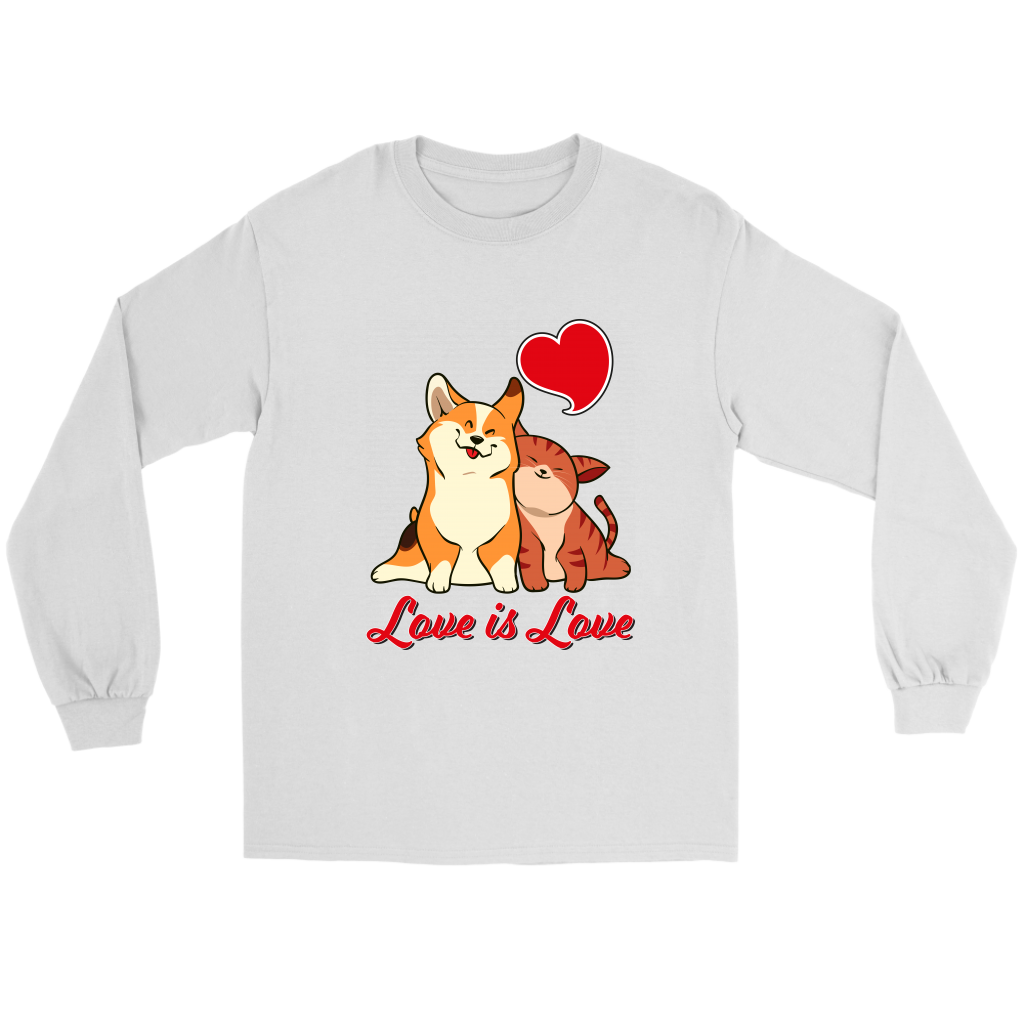 A flat lay of a white long sleeved t shirt. The design of the shirt is a tricolor corgi snuggling a cat with red text underneath them that says "Love is love" with another red heart above their heads. 