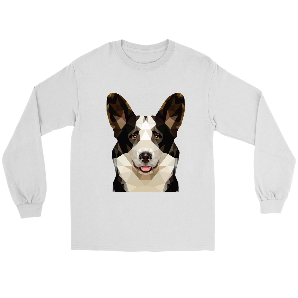  A flat lay of a white long sleeved t shirt with a polygonal cardigan corgi's face on it.