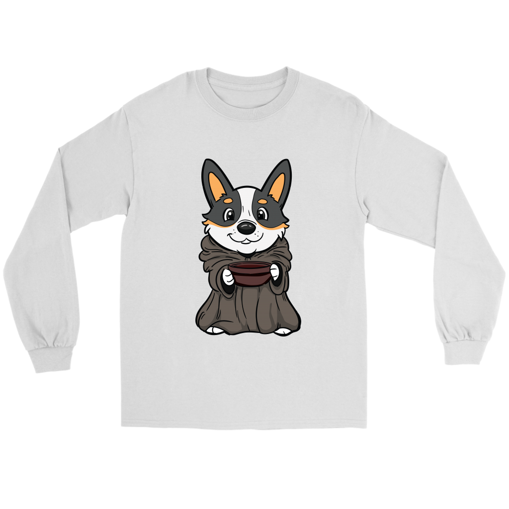 A flat lay of a long sleeved T shirt. The design of the shirt is a tricolor corgi that is dressed up as baby Yoda, (Grogu), from the Mandalorian.  The shirt is white. 