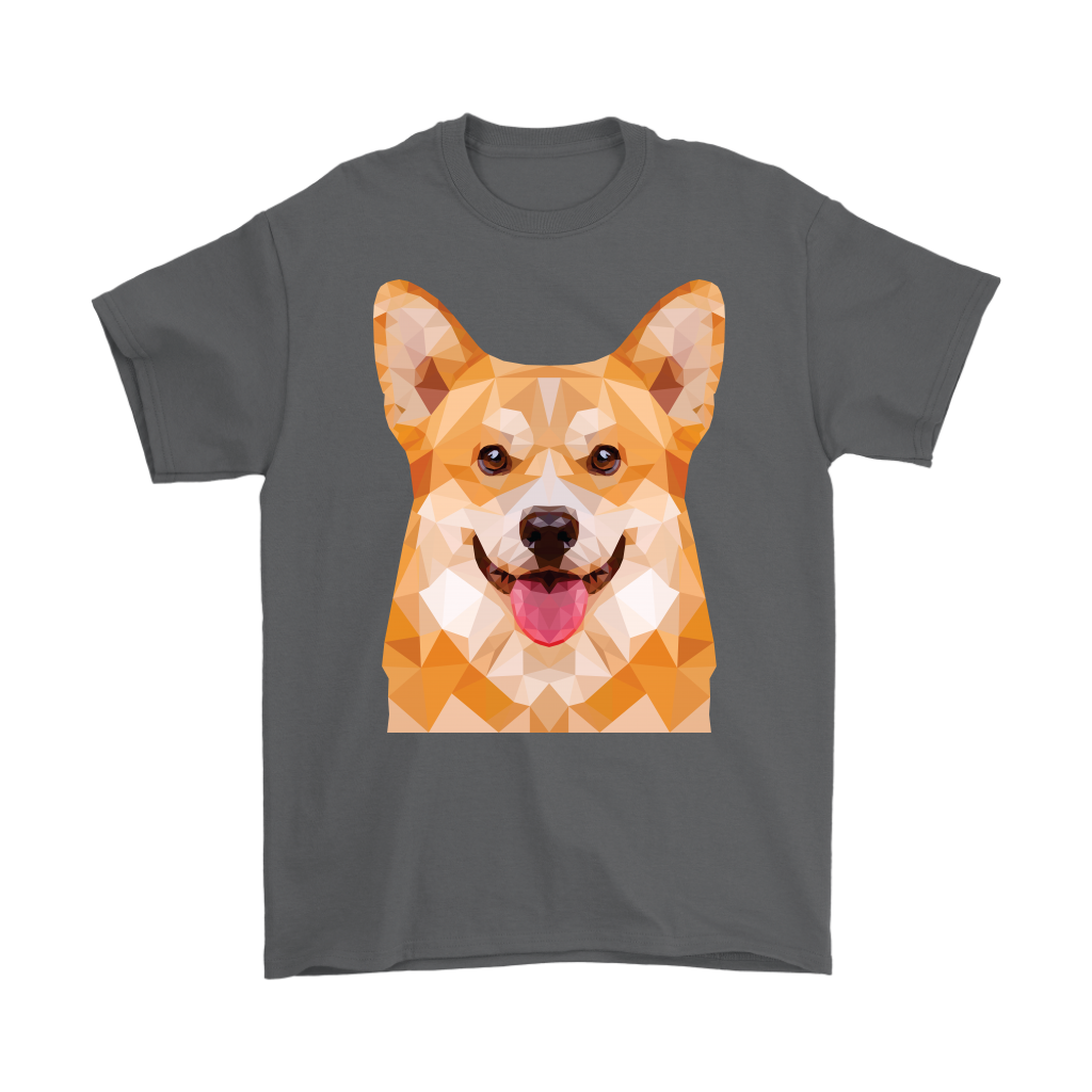 Polygonal fawn corgi face shirt, in charcoal color.