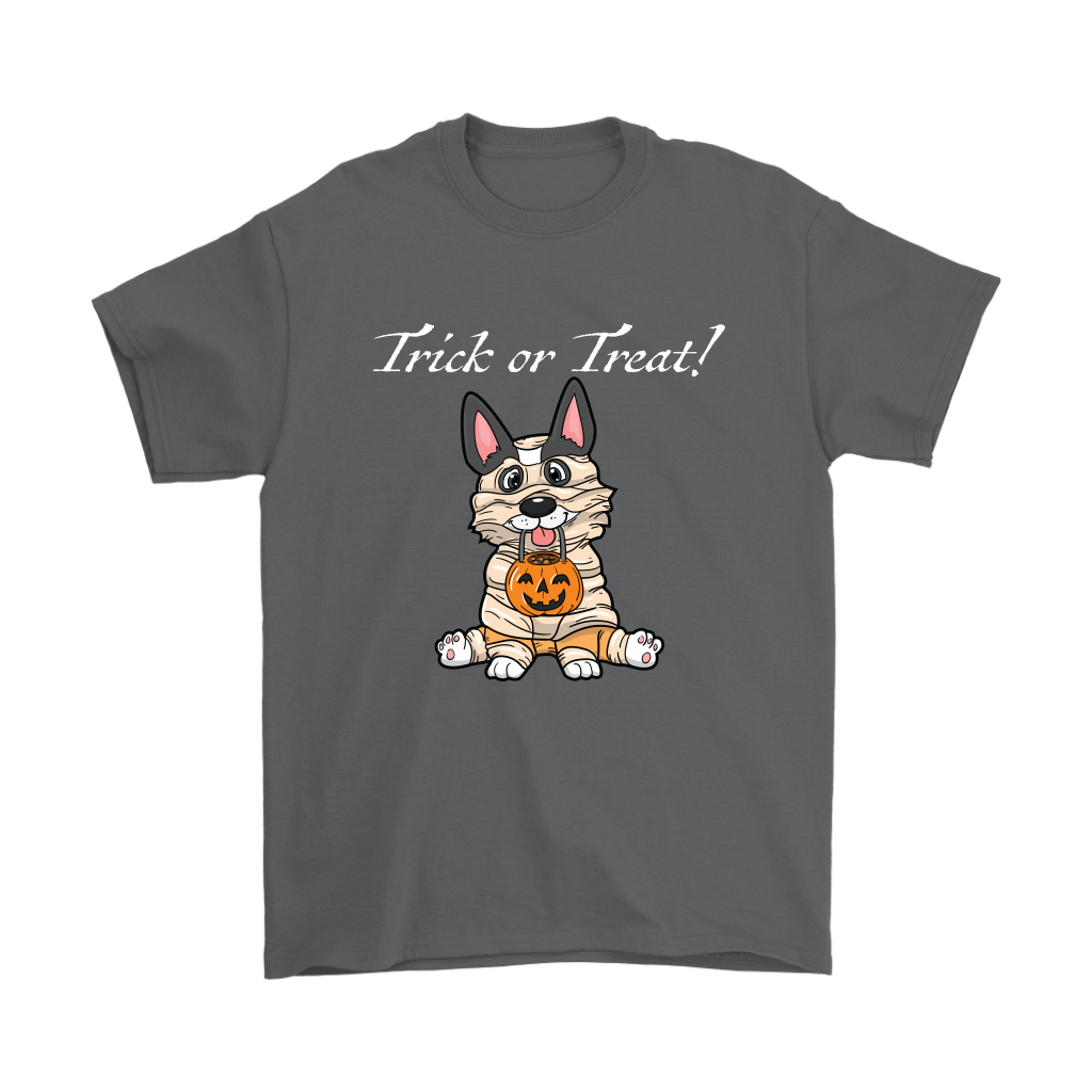 A t shirt with a tricolor corgi wearing a mummy costume. The text says "Trick or Treat" and the shirt is charcoal colored.