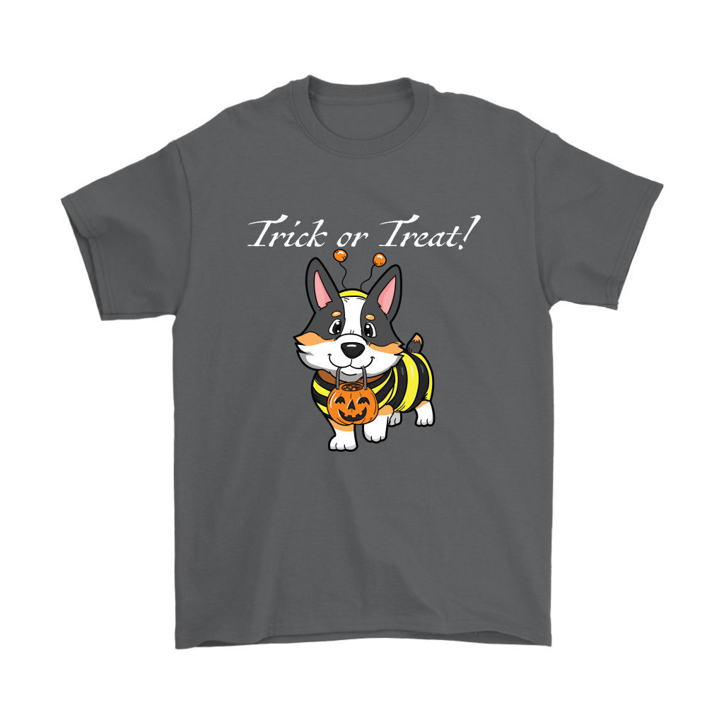 A t shirt with a tricolor corgi wearing a bumblebee costume. The text says "Trick or Treat" and the shirt is charcoal colored.