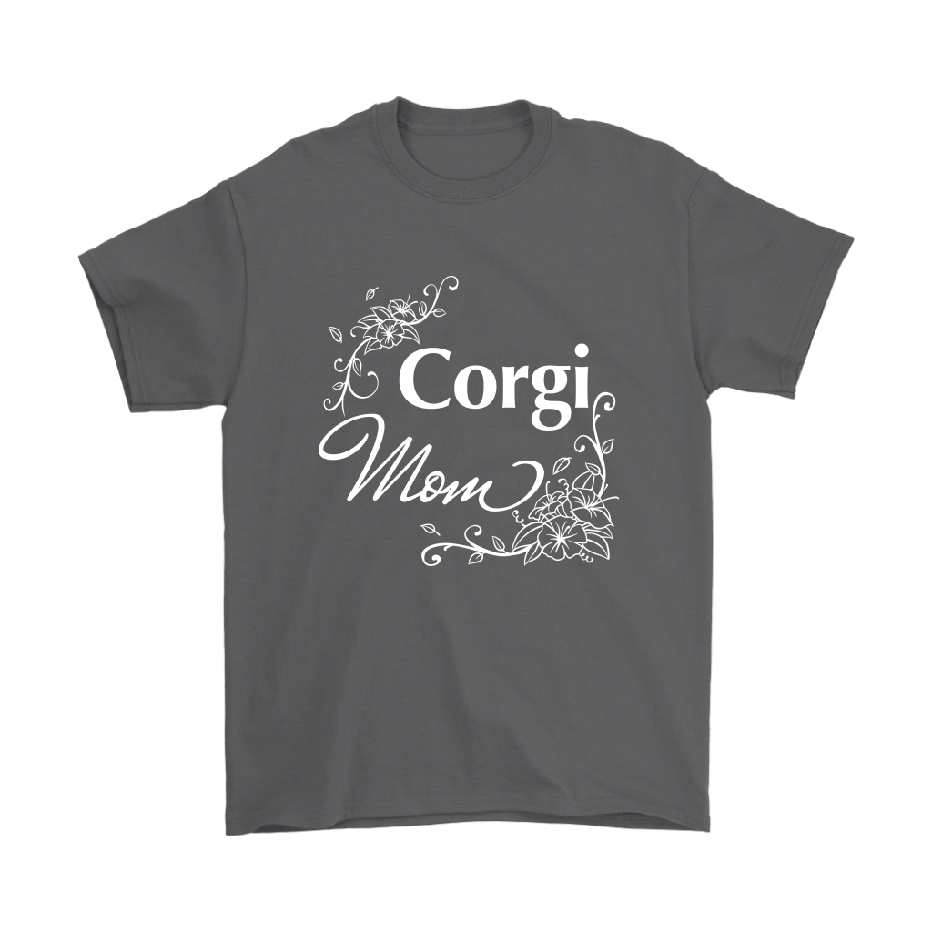 "Corgi Mom" shirt in charcoal. The text has a flowery font.