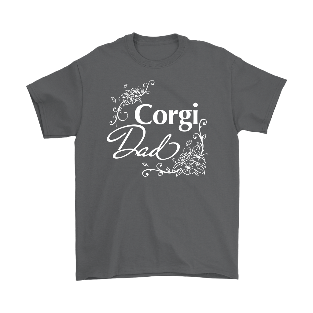 "Corgi Dad" shirt in grey. The text has a flowery font.