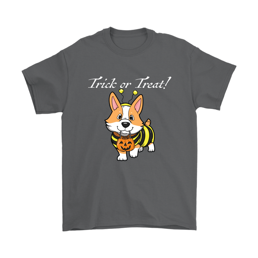 A shirt with a fawn corgi wearing a bumblebee costume with the text "Trick or Treat!". Shirt is dark grey.