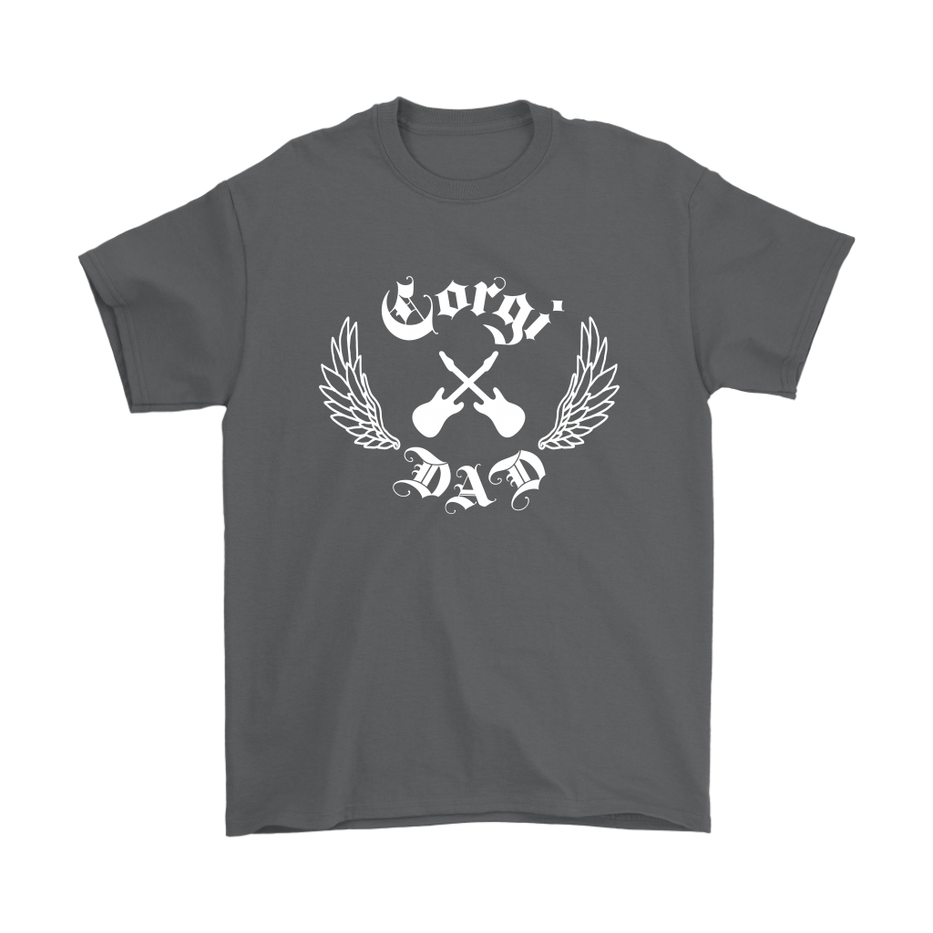 A grey shirt with the text "Corgi Dad" in a gothic style font with guitars and wings.