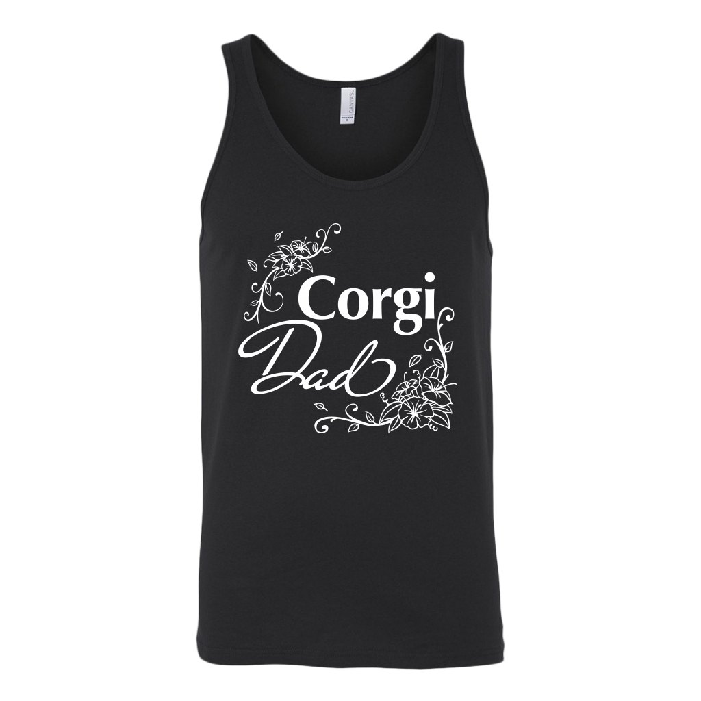 A unisex tank top with the text "Corgi Dad" in flowery text. The tank top is black.