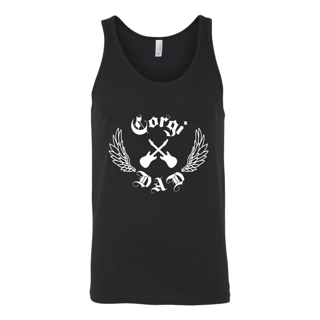 A unisex tank top with the text "Corgi Dad" done in a rock and roll style with crossed guitars. The tank top is black. 