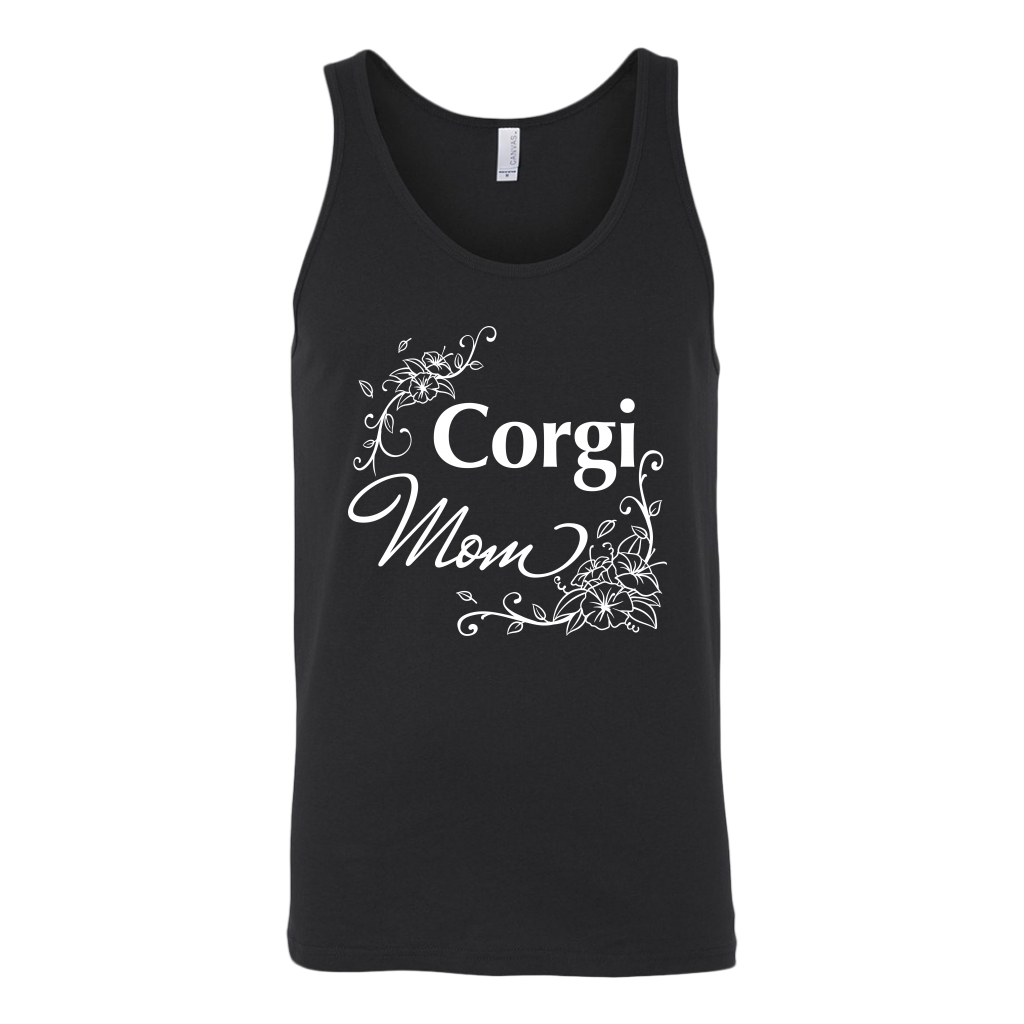 A unisex tank top with the text "Corgi Mom" in flowery text. The tank top is black.