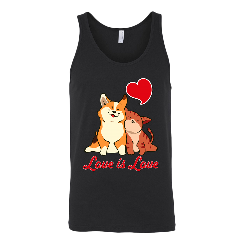 A unisex tank top with a corgi snuggling a cat. The text says "Love is Love" and the tank top is black.