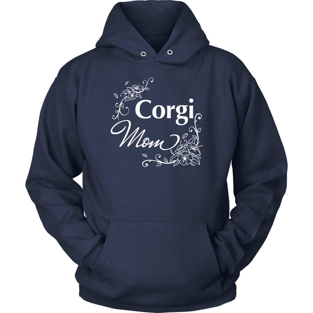 A hoodie with the text "Corgi Mom" and flower line designs. The hoodie is navy blue colored. 