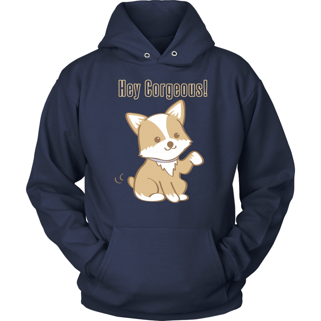 A hoodie with the text "Hey Corgeous!" and a waiving corgi. The hoodie is navy blue. 