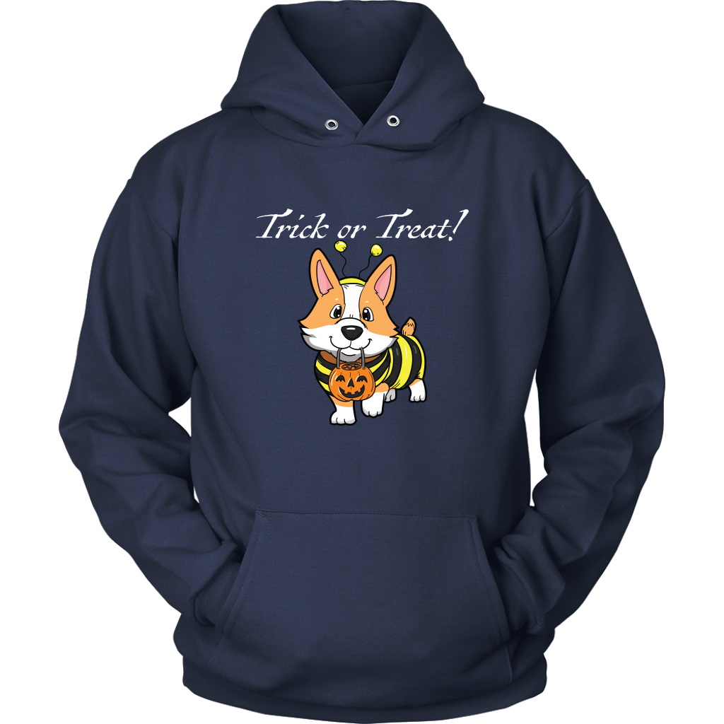 A hoodie with a fawn corgi wearing a bumblebee costume with the text "Trick or Treat!". Hoodie is dark blue.