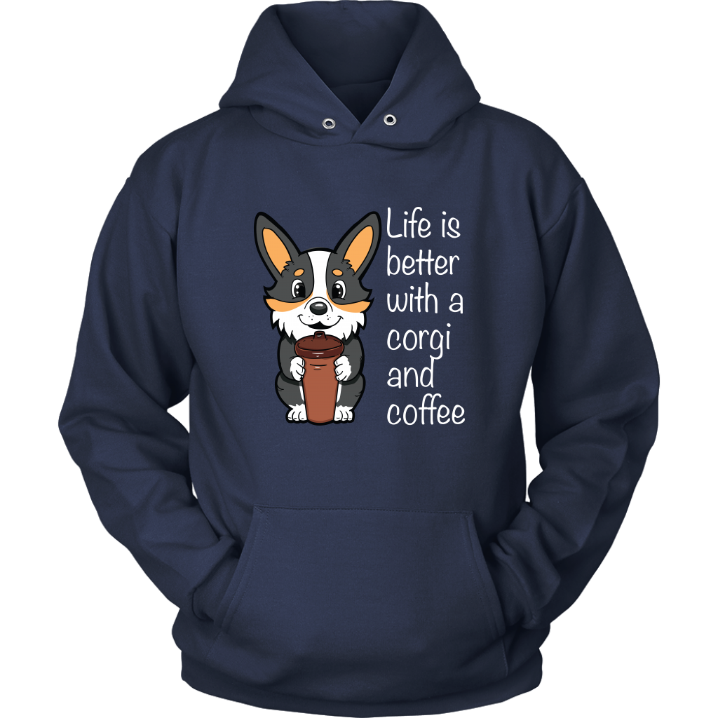 A hoodie with a tricolor corgi holding a cup of coffee. The text says "Life is better with a corgi and coffee". The sweatshirt is purple.