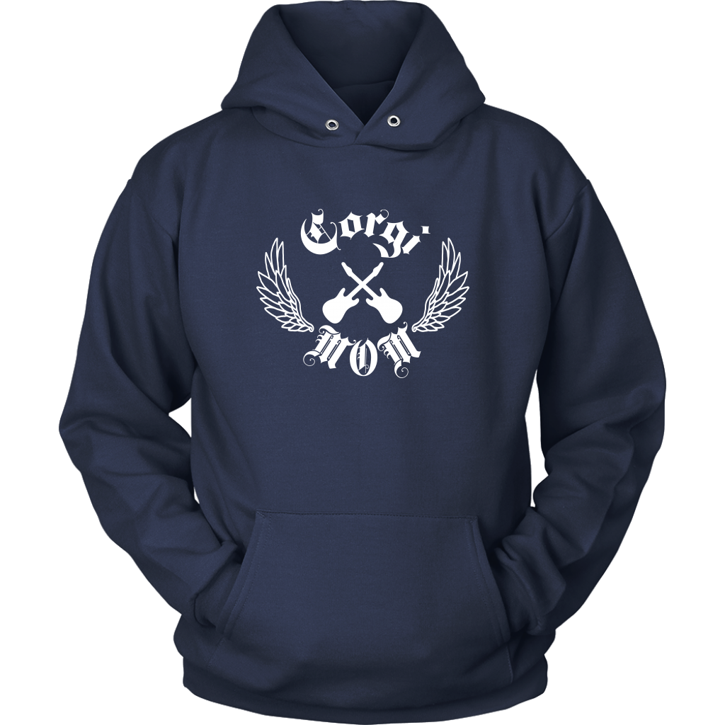 The image if of a hoodie. The text on the hoodie says "Corgi Mom" in old english font. There are also crossed electric guitars and line-art wings. The hoodie is dark navy blue. 