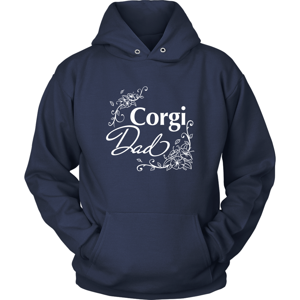 A hoodie with the text "Corgi Dad" and flower line designs. The hoodie is navy blue colored.