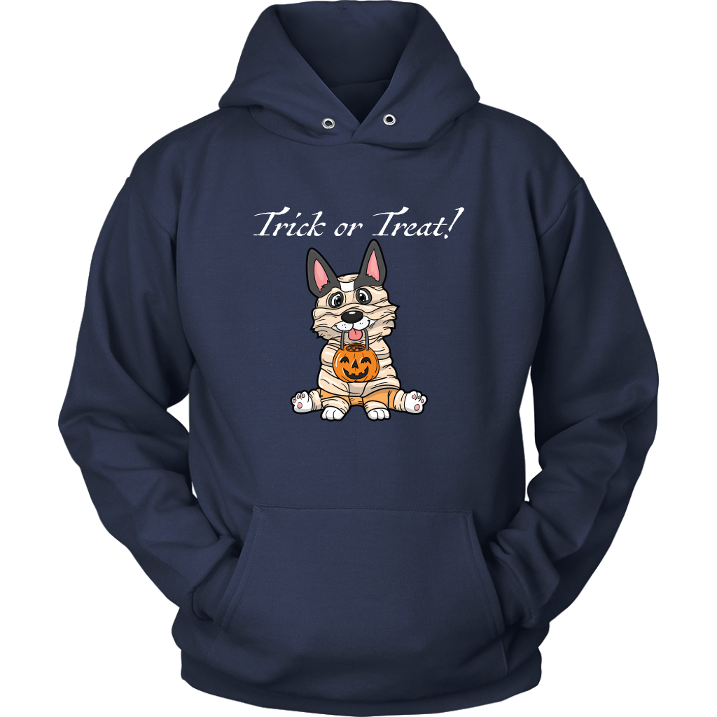 A hoodie with a tricolor corgi wearing a mummy costume. The text says "Trick or Treat" and the hoodie is dark blue.