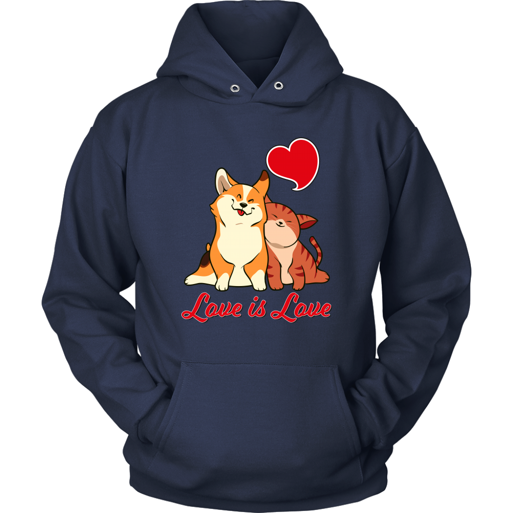 Our "Love is Love" hoodie in dark blue. 