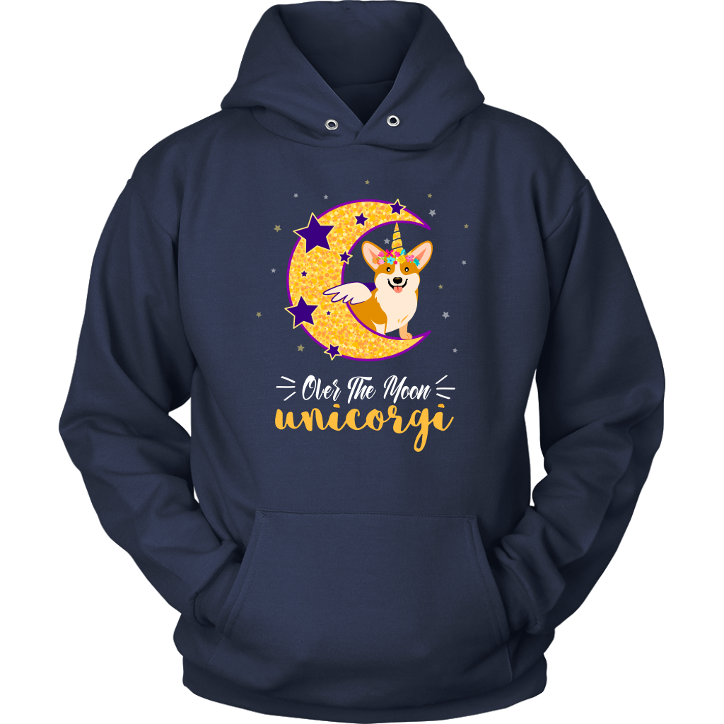 A hooded sweatshirt that is dark blue that has a corgi that has a unicorn and wings while sitting on a crescent moon. The text says "Over the moon Unicorgi".