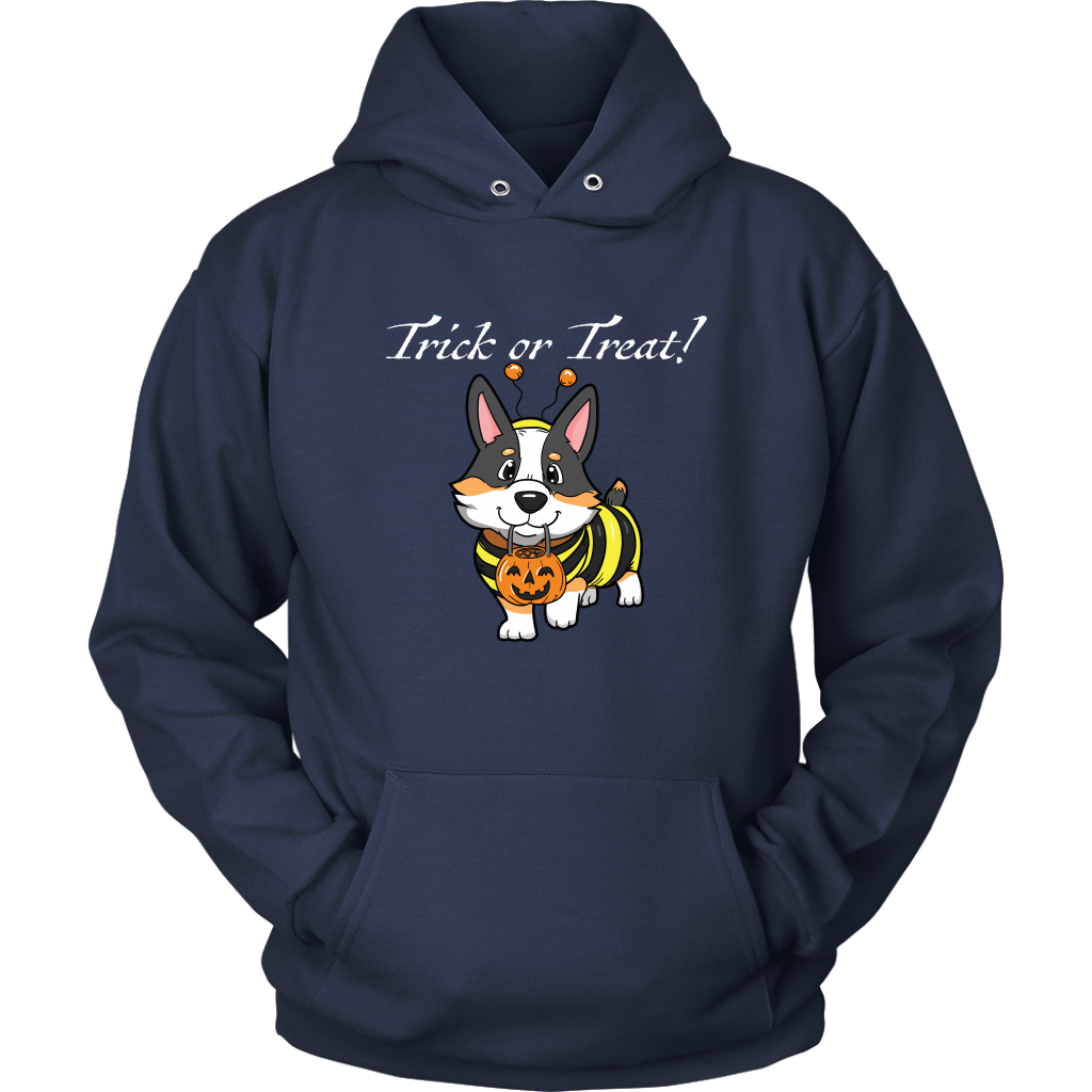 The design is a tricolor corgi wearing a bumblebee costume with the text "Trick or Treat". The hoodie is navy.