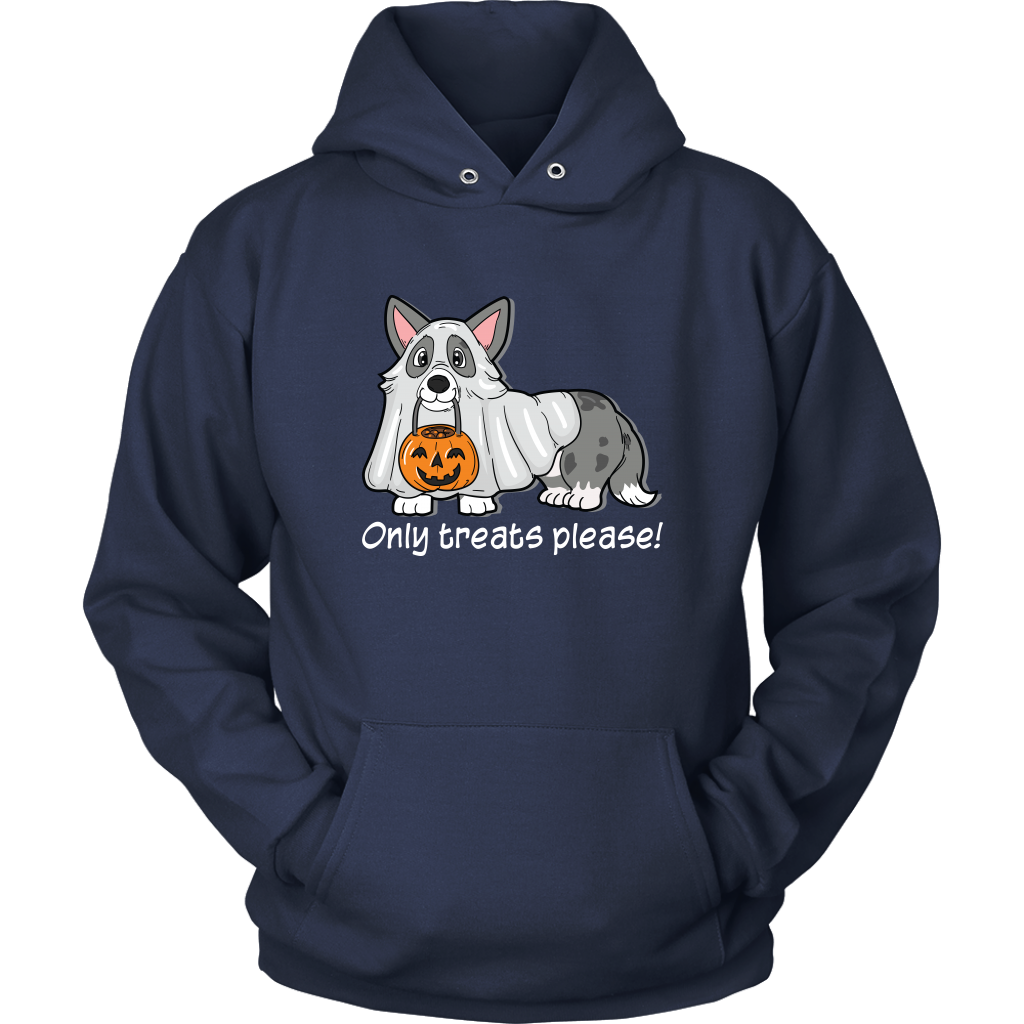 A dark blue hoodie with a cardigan corgi in a ghost costume, with the text "Only tricks please!" 