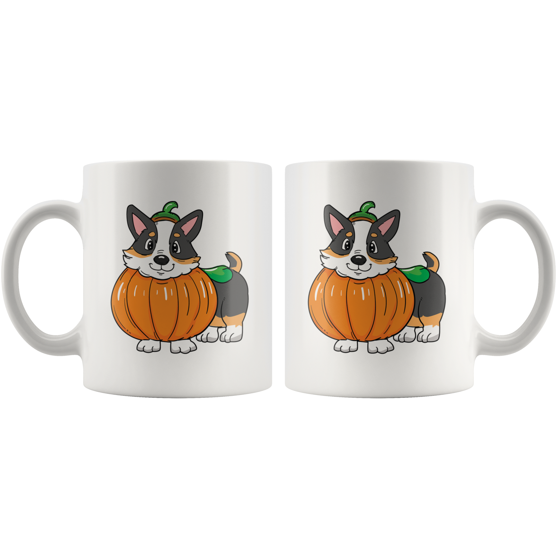 Our tricolor corgi, dressed as a pumpkin, mug. The front and back of the mug is shown and the design is the same.