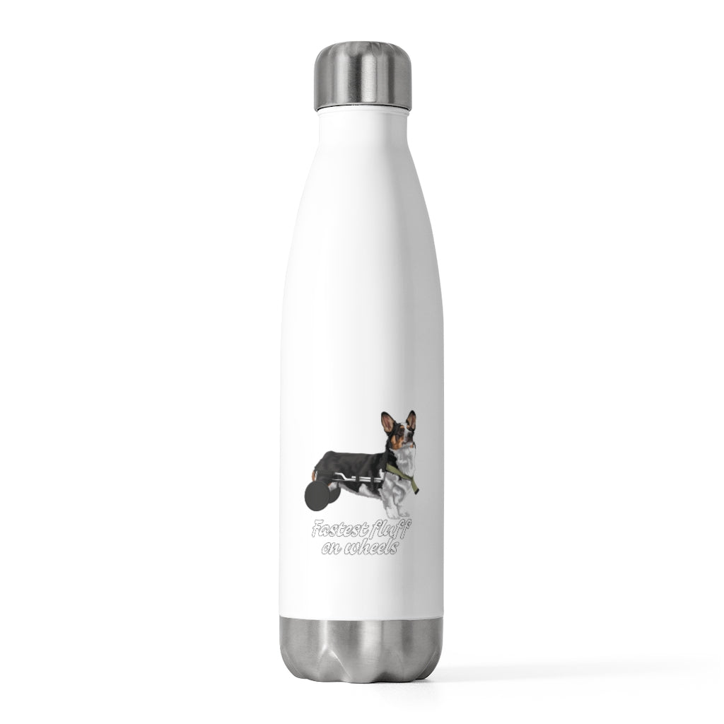 A white reusable water bottle with a silver top and bottom. There's a tricolor corgi on the bottle with black outlined text that says "Fastest fluff on wheels".