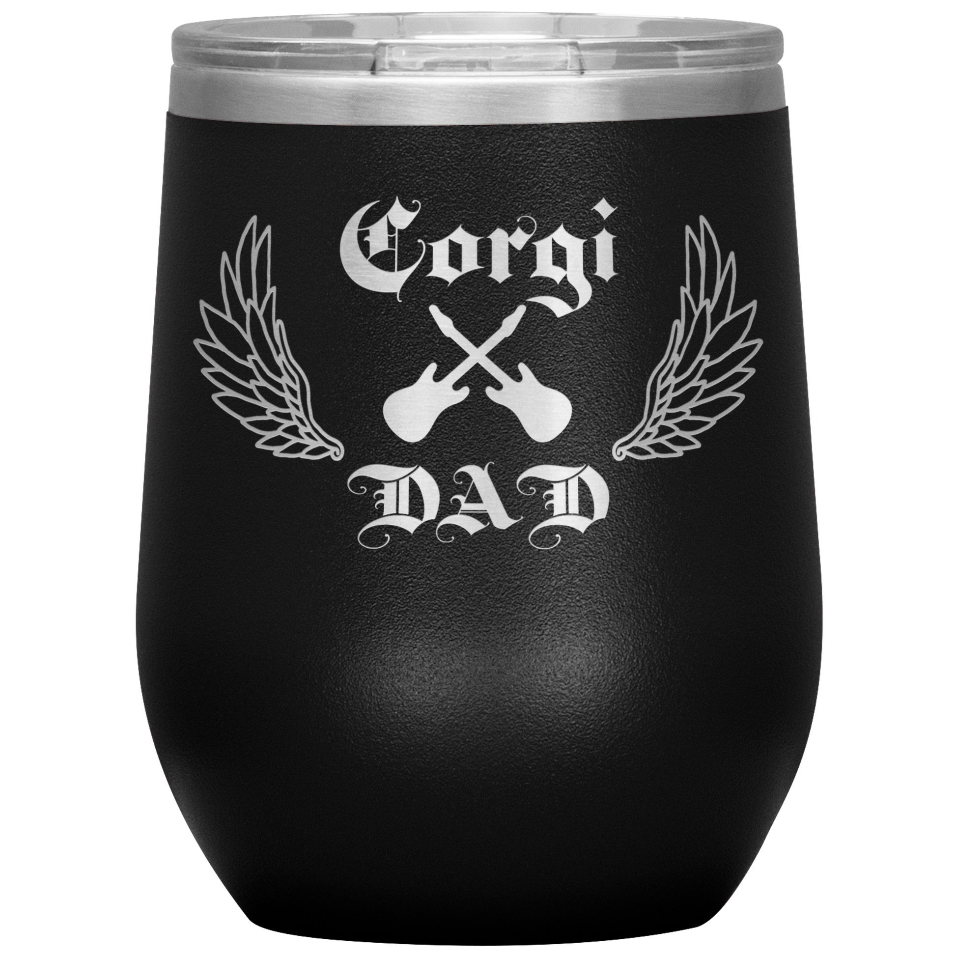 An insulated tumbler with the text "Corgi Dad" in a gothic style font with guitars and wings. The tumbler is black.