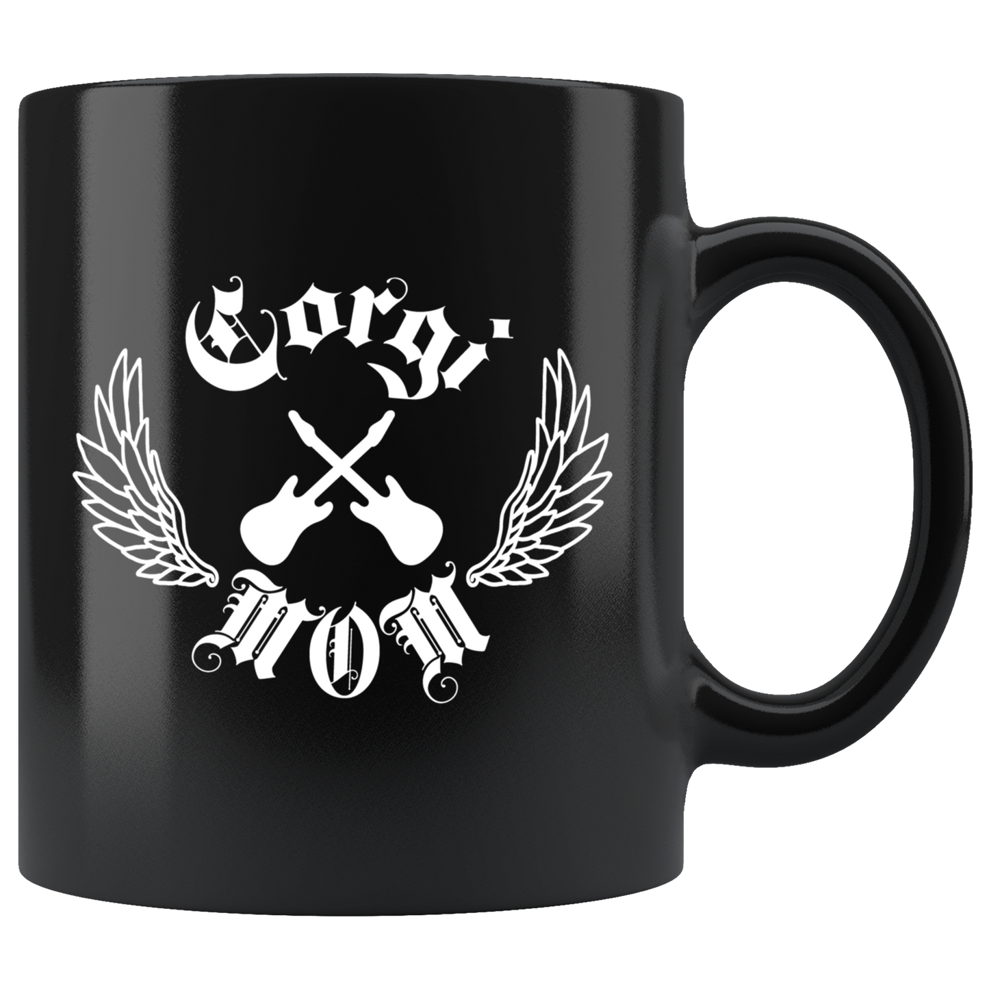 Black mug with Rock and Roll type font and "Corgi Mom" text.