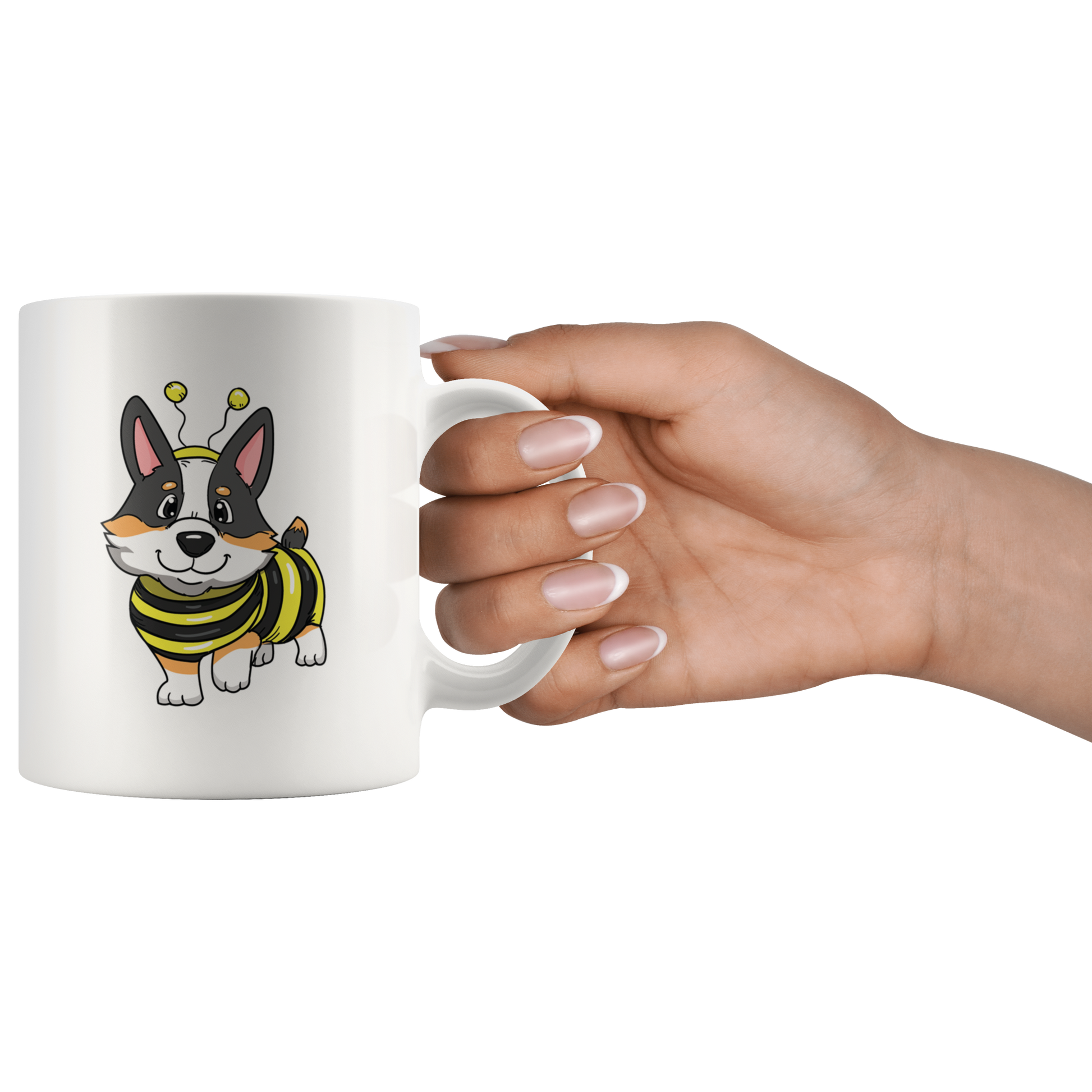 A hand holding the tricolor bumblebee mug.