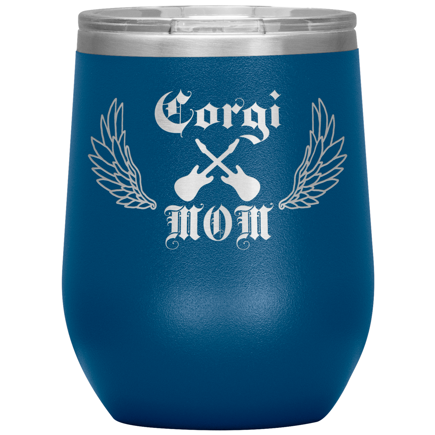 An insulated tumbler with the text "Corgi Mom" in a gothic style font with guitars and wings. The tumbler is blue.