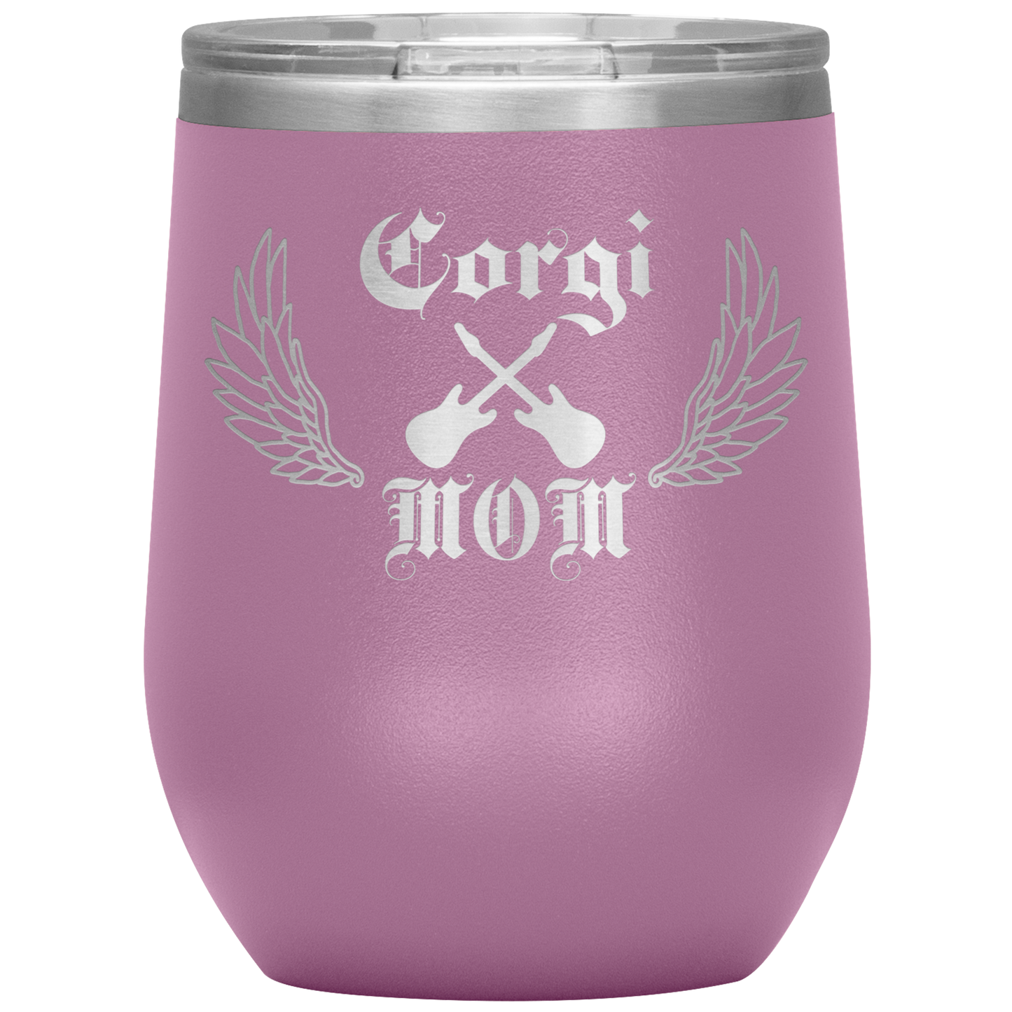 An insulated tumbler with the text "Corgi Mom" in a gothic style font with guitars and wings. The tumbler is light purple.