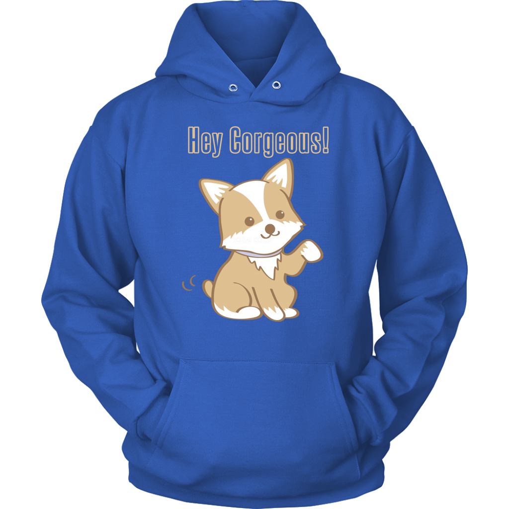 A hoodie with the text "Hey Corgeous!" and a waiving corgi. The hoodie is blue. 