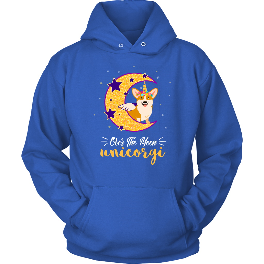 A hooded sweatshirt that is blue that has a corgi that has a unicorn and wings while sitting on a crescent moon. The text says "Over the moon Unicorgi".