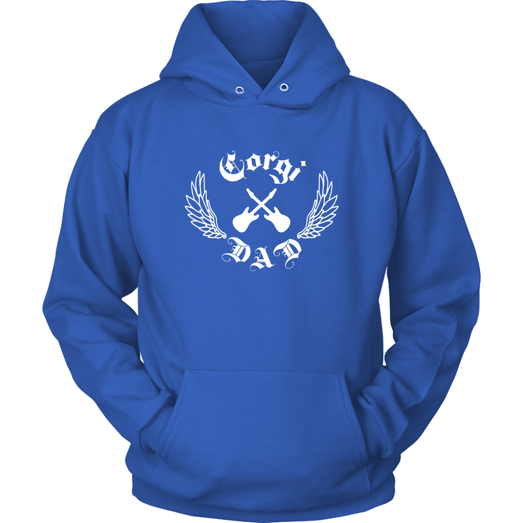 A flat lay of a blue hooded sweatshirt. The design on the hoodie is crossed electric guitars, lined wings, and "Corgi Dad" in old english font. 