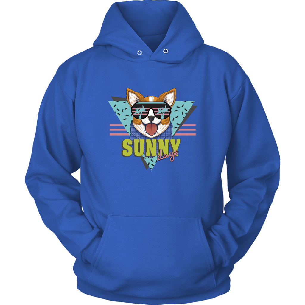 A flat lay of a hoodie with the text "Sunny Days" and a corgi in sunglasses. The hoodie is blue colored.